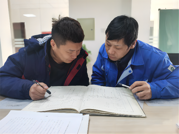 2月17日上午，化工四班班長(zhǎng)楊震為徒弟熊谷煜講解流程圖(1).png